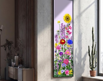 Wildflower Garden Decor Long Narrow Wall Art : Framed Artwork Textured Canvas