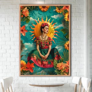 May include: A framed wall art print featuring a person with dark hair and a floral headpiece, wearing a green and red patterned dress. The figure is centered before a large yellow sun, surrounded by vibrant orange sunflowers and tropical foliage.