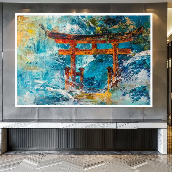 鳥居アート、日本美術、キャンバス壁アート、海のキャンバス、禅壁