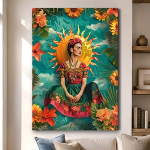May include: A vertical wall art print featuring a central figure with dark hair adorned with red flowers, wearing a green and red patterned dress and layered necklaces, set against a bright yellow sun and a teal background with orange flowers.