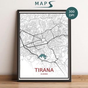 Archivo imprimible de mapa personalizado de Tirana, Albania / Póster 3D personalizado elegante / Fondo liso simple