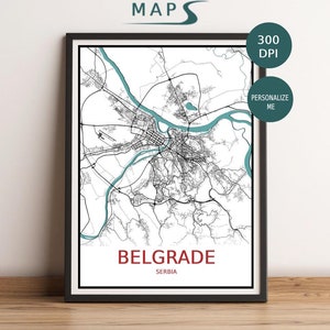 Aangepaste kaart Belgrado, Servië afdrukbaar bestand | Elegante gepersonaliseerde 3D-poster | Eenvoudige effen achtergrond