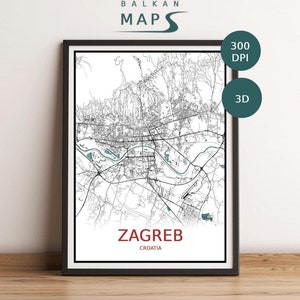 Mapa imprimible personalizado de Zagreb, Croacia / Póster 3D personalizado de alta calidad / Diseño simple y elegante