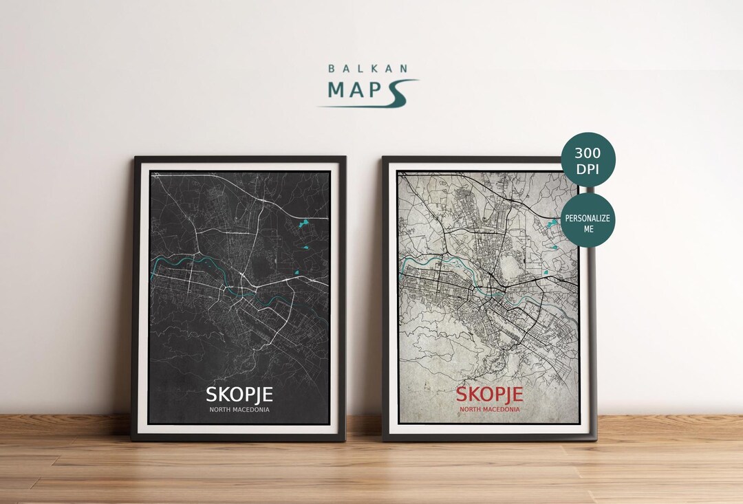 Skopje, North Macedonia Map Printable File Set of 2 High-quality Personalized 3-D Poster ...