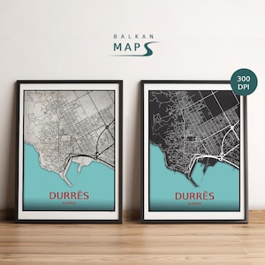 Archivo imprimible personalizado de mapa de Durrës, Albania / Juego de 2 / Póster 3D personalizado de alta calidad / Elegante fondo de piedra texturizada
