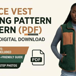 May include: A dark green fleece vest with tan trim, a zippered chest pocket, and two side pockets. The text reads: FLEECE VEST SEWING PATTERN (PDF), INSTANT DIGITAL DOWNLOAD, MULTI-SIZE: XS-XXL INCLUDED, BEGINNER-FRIENDLY GUIDE, STEP-BY-STEP PHOTOS.