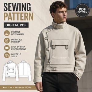 May include: A digital PDF sewing pattern for a beige jacket featuring an asymmetrical front closure with metal buckles, a large chest pocket, a buckled waist belt, and buckled cuffs. The image includes text: SEWING PATTERN, DIGITAL PDF, INSTANT DOWNLOAD, PRINTABLE PATTERN, STEP-BY-STEP INSTRUCTIONS, MULTIPLE SIZES, AIO + A4 + INSTRUCTIONS.