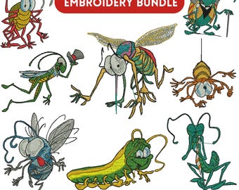 May include: A set of 10 embroidery designs featuring cartoon insects. The designs include a grasshopper, a fly, a spider, a caterpillar, and a mosquito. The text "10 PENGUIN EMBROIDERY BUNDLE" is at the top of the image. The text "DST,VP3,SEW,PES,XXX,HUS" is at the bottom of the image.