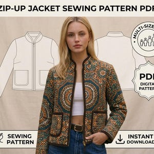 May include: A zip-up jacket sewing pattern PDF featuring a multi-size S-XL guide. The jacket has a dark brown trim, a front zipper, and two patch pockets, decorated with a repeating circular geometric pattern in teal, orange, and white.