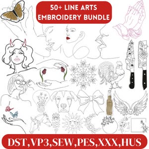 Puede incluir: Una colección de diseños de bordado de arte lineal, que incluyen mariposas, rostros, manos, flores y animales. Los diseños son en blanco y negro, con una pancarta roja que dice "50+ LINE ARTS EMBROIDERY BUNDLE". La parte inferior de la imagen tiene el texto "DST, VP3, SEW, PES, XXX, HUS".