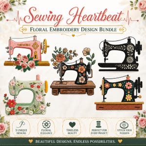 Sewing Machine Floral Bundle Vintage Thread Spool Embroidery Pattern PES DST JEF Embroidery Files for Machine Digital Download Craft Design