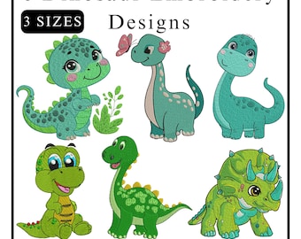 May include: Six cute dinosaur embroidery designs in three sizes. The designs include a green dinosaur with a butterfly, a green dinosaur with a flower, a green dinosaur with a long neck, a green dinosaur with a long tail, a green dinosaur with a short tail, and a green dinosaur with horns. The designs are available in DST, VPS, XXX, HUS, PES, JEF, and SEW formats.