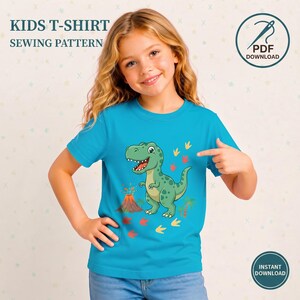 May include: A bright turquoise short-sleeve t-shirt featuring a green cartoon dinosaur, a volcano, palm trees, and colorful footprints. Text on the image reads KIDS T-SHIRT SEWING PATTERN, PDF DOWNLOAD, and INSTANT DOWNLOAD.