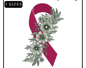 Cancer Awareness Ribbon Embroidery design, Floral Ribbon Embroidery, Ribbon Mini Embroidery, cancer awareness, Machine Embroidery Design