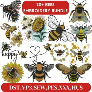 Puede incluir: Un paquete de diseños de bordado digital con más de 20 diseños de abejas en varias poses y estilos. Los diseños son perfectos para crear proyectos únicos y personalizados. El paquete incluye los siguientes formatos de archivo: DST, VP3, SEW, PES, XXX, HUS.