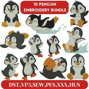 Peut inclure: Un ensemble de 10 motifs de broderie de pingouins dans différentes poses, y compris la nage, la position debout et la position couchée. Les motifs sont en noir, blanc et orange. Le texte "10 PENGUIN EMBROIDERY BUNDLE" est en haut de l'image. Le texte "DST, VP3,SEW,PES,XXX,HUS" est en bas de l'image.
