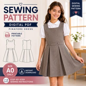 Può includere: Un cartamodello digitale per un vestito a grembiule, con il testo SEWING PATTERN DIGITAL PDF PINAFORE DRESS, PRINTABLE PATTERN, SIZE A0 ONLY, INSTANT DOWNLOAD e STEP-BY-STEP SEWING INSTRUCTIONS, incluso un disegno tecnico del vestito.