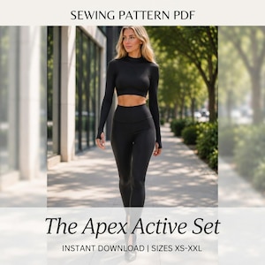 Może przedstawiać: Czarny zestaw składający się z krótkiego topu z długim rękawem i legginsów z wysokim stanem. Widoczny jest tekst SEWING PATTERN PDF, The Apex Active Set oraz INSTANT DOWNLOAD | SIZES XS-XXL, opisujący cyfrowy wykrój krawiecki.