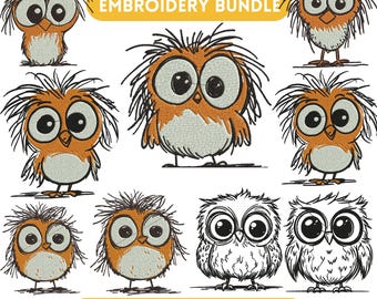 May include: A set of 10+ embroidery designs featuring funny cartoon owls with large eyes. The designs are available in DST, VP3, SEW, PES, XXX, and HUS formats.