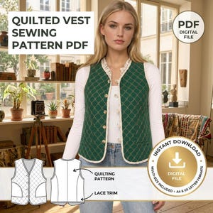 May include: A quilted vest sewing pattern PDF featuring a green vest with a gold geometric pattern, white lace trim, and front buttons. The image includes a technical line drawing of the vest front and back, and text stating QUILTED VEST SEWING PATTERN PDF.