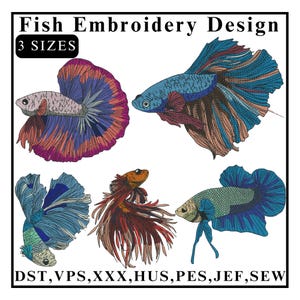 May include: Three embroidery designs of colorful fish. The fish are in various poses, including swimming and resting. The designs are available in three sizes and in the following formats: DST, VPS, XXX, HUS, PES, JEF, SEW.