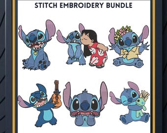 May include: A set of six embroidery designs featuring Stitch from Lilo & Stitch. The designs include Stitch playing a ukulele, Stitch with a surprised expression, Stitch with a sad expression, Stitch with a happy expression, Stitch with a confused expression, and Stitch with a mischievous expression. The designs are available in DST, VP3, SEW, PES, XXX, and HUS formats.