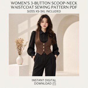 May include: A brown three-button scoop-neck waistcoat sewing pattern PDF. The text reads: WOMEN'S 3-BUTTON SCOOP-NECK WAISTCOAT SEWING PATTERN PDF, SIZES XS-3XL INCLUDED, INSTANT DIGITAL DOWNLOAD. The waistcoat is shown worn over a black shirt and pants.