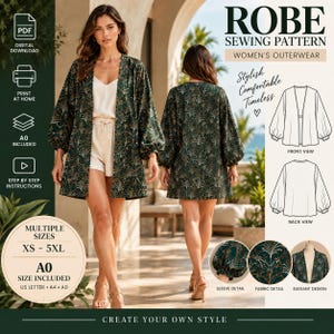 May include: A digital sewing pattern for a robe featuring a dark green fabric with a gold fan-like botanical print. The pattern includes front and back technical line drawings, sleeve details, and size options ranging from XS to 5XL for printing.