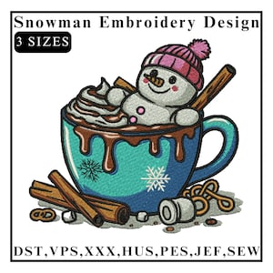 Snowman Embroidery Design, Snowman in Hot Cocoa Embroidery, Cute Snowman embroidery, Christmas embroidery, Machine Embroidery Design