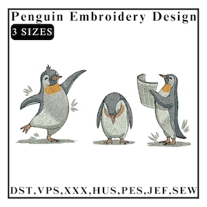 May include: Three penguin embroidery designs in various poses. The penguins are grey and white with orange beaks and feet. The designs are available in DST, VPS, XXX, HUS, PES, JEF, and SEW formats.