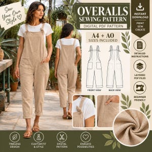 Pode incluir: Um molde de costura digital para jardineiras em tecido bege salpicado. A imagem exibe uma vista frontal e traseira da peça, um desenho técnico de linhas e um close-up da textura do tecido, com o texto Overalls Sewing Pattern incluído.