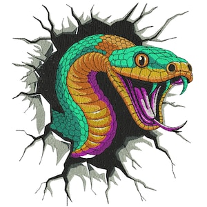 May include: An embroidered snake design in teal, orange, yellow, and purple, emerging from a dark, cracked surface. The snake's mouth is open, revealing a forked tongue. The design is set against a white background, with the snake's colours being vivid.