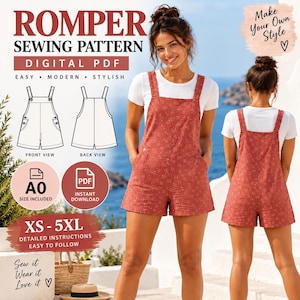 May include: A digital PDF sewing pattern for a romper, featuring text that reads ROMPER SEWING PATTERN DIGITAL PDF, A0 SIZE INCLUDED, and INSTANT DOWNLOAD. The image displays a rust-colored romper with a small white floral print and shoulder straps.