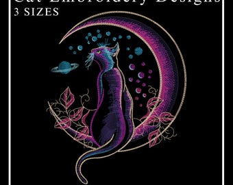 Cat Embroidery Design, Magic Cat Embroidery, Cat on Moon Embroidery,Kitten Embroidery,Cute Cat Design, Animal Embroidery, Machine embroidery