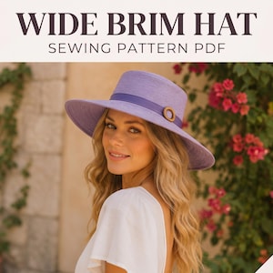 May include: A wide brim hat sewing pattern PDF featuring a lavender hat with a matching ribbon band and a circular wooden accent. The text WIDE BRIM HAT SEWING PATTERN PDF is displayed at the top, and an instant download icon is in the corner.