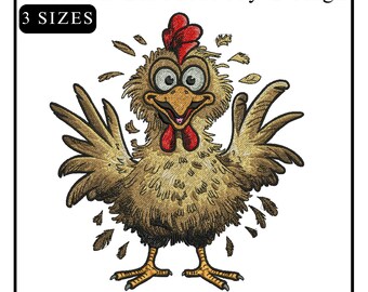 May include: A cartoon chicken with brown feathers and a red comb is shown with its wings spread out. The chicken has a surprised expression with its eyes wide open and its mouth open in a smile. The chicken is standing on a white background.  The text "Chicken Embroidery Design" and "3 SIZES" is at the top of the image. The text "DST, VPS, XXX, HUS, PES, JEF, SEW" is at the bottom of the image.