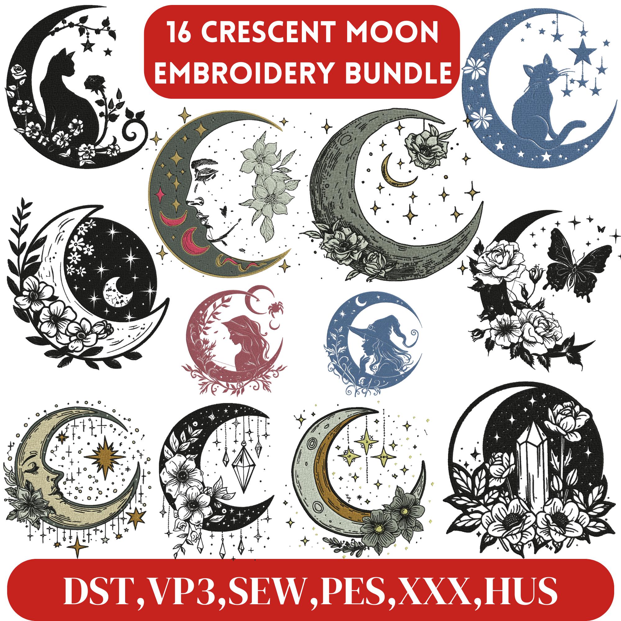 Moon Design Sample Moon Embroidery Design, Floral Moon Embroidery, Moon Silhouette, Moon ...