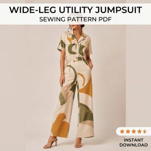 May include: A wide-leg utility jumpsuit sewing pattern PDF featuring a cream base with large abstract shapes in olive green, mustard yellow, and tan. The jumpsuit has short sleeves, a collared neckline, a button-down front, and a matching waist belt.