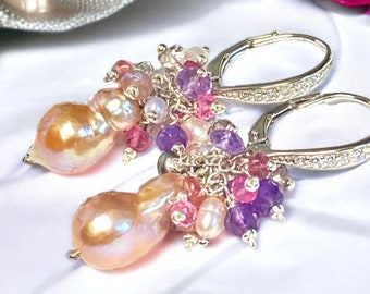 Baroque Pearl Earrings, Tourmaline Amethyst Cluster Earring, Sterling Silver Earrings, Rainbow Metallic Earrings, Gift