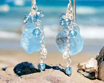 Blue Aquamarine Earrings, Raw Gemstone Earrings, Healing Crystal Dangle Earring, Natural Stone Drop Earring, Gift for Her