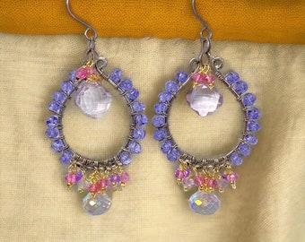 Blue Purple Chandelier Earrings, Multi Gemstone Earrings, Mixed Metal Jewelry, Oxidized Silver Hoop Earring, Gift for Girlfriend