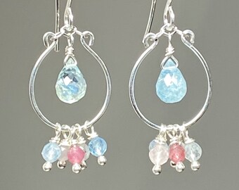 Aquamarine Chandelier Earrings, Pink, Yellow, Blue Gem Earrings, Sterling Silver, Handmade Earring, March Jewelry Gift for Her