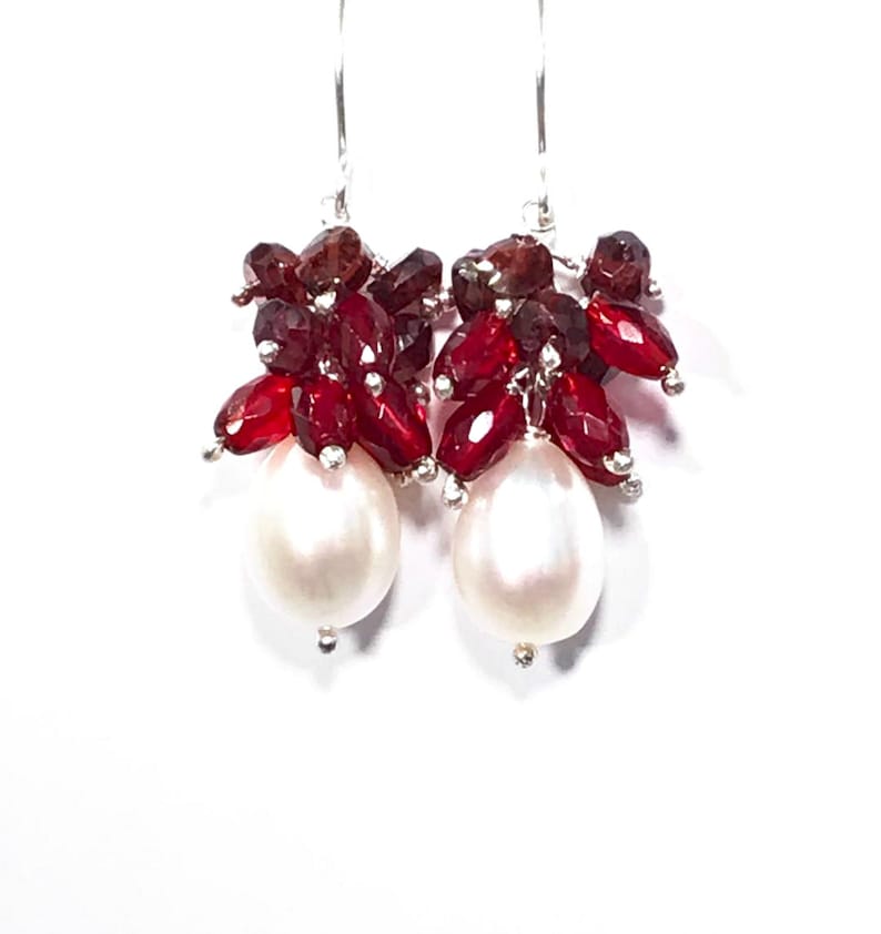 Red Cluster Pearl Earrings Sterling Silver Ivory Pearl Red Garnet Cluster Mothers Day Gift