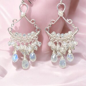 Rainbow Moonstone Chandelier Earrings: Sterling Silver Boho Bridal Jewelry