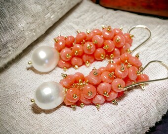 Pink Coral Earrings, Pearl Cluster Earrings, Resort Wedding Jewelry, Cascade Waterfall Earrings, Mother of the Bride Earrings