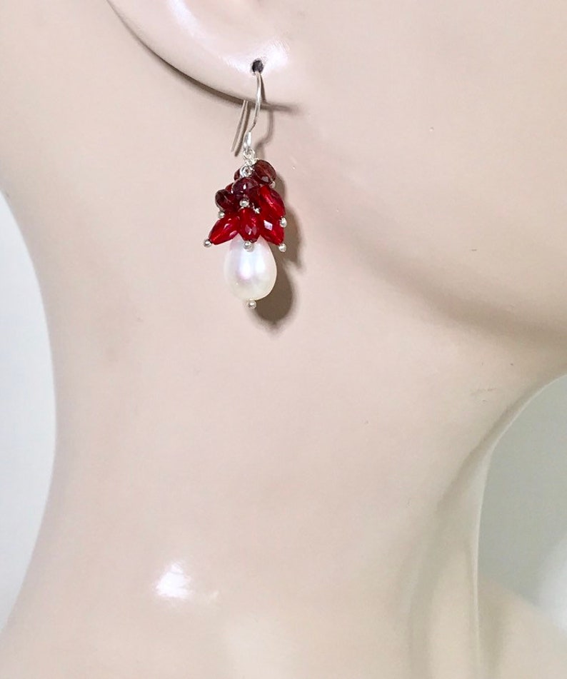 Red Cluster Pearl Earrings Sterling Silver Ivory Pearl Red Garnet Cluster Mothers Day Gift