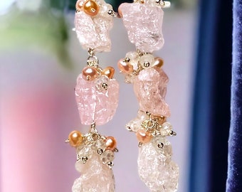 Raw Pink Aquamarine Dangle Earrings, Morganite Jewelry, Long Beaded Earring, Crystal Gem Earring, Moonstone Pearl Cluster Earring,