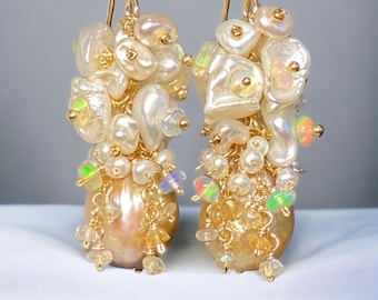 Baroque Pearl Cluster Earrings, Gold Pond Slime Pearls with Ivory Keishi Pearls, AAA Opals and Sapphires, Wedding Earrings