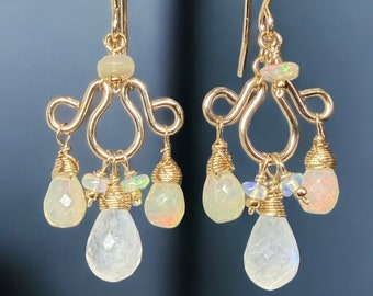 Opal Gemstone Chandelier Earrings, Rainbow Moonstone Dangle Earrings, Gift for Her Birthday, Jewelry Gift for Women, Girlfriend Gift