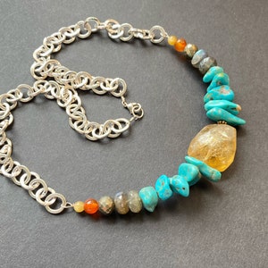 Turquoise & Citrine Gemstone Choker: Sterling Silver, Beaded Statement Necklace